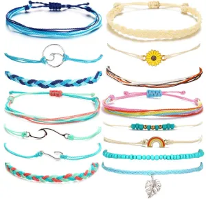 14 Pieces Wave Strand Anklet Bracelets Set,Handmade Cute Sunflower Bracelets Adjustable Braided Rope Bracelet Bohemian Beach Friendship Jewelry Gifts lively maple set