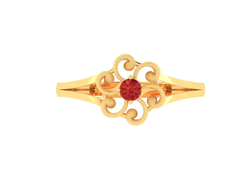 14k Floral Shape Gold Ring With A Red Stone