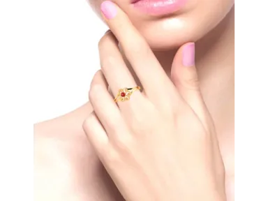 14k Floral Shape Gold Ring With A Red Stone