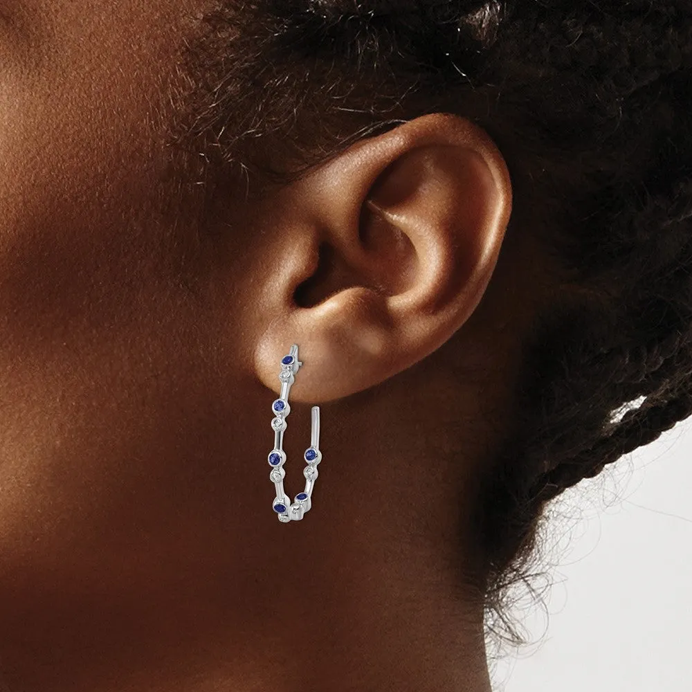 14k White Gold 1/5 ct Lab Grown Diamond and Blue Sapphire Hoop Earrings VS Clarity, D-E Color