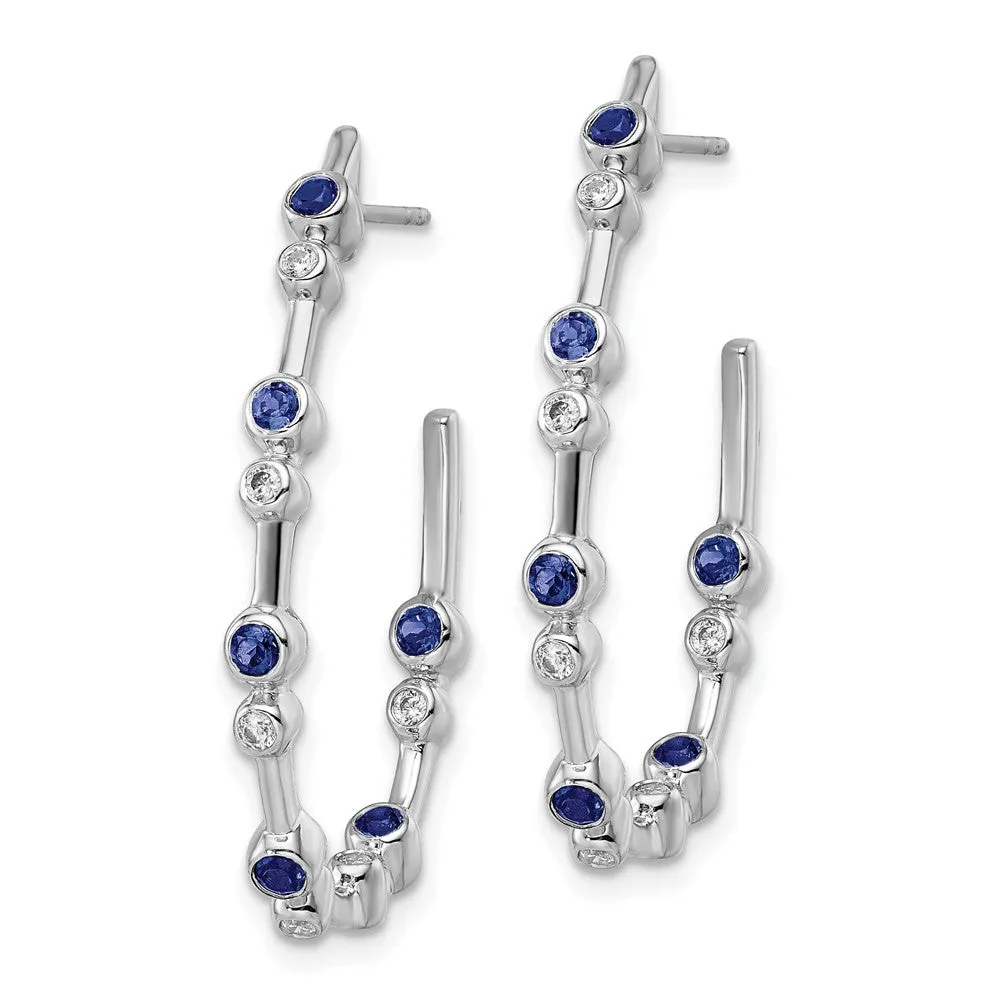 14k White Gold 1/5 ct Lab Grown Diamond and Blue Sapphire Hoop Earrings VS Clarity, D-E Color