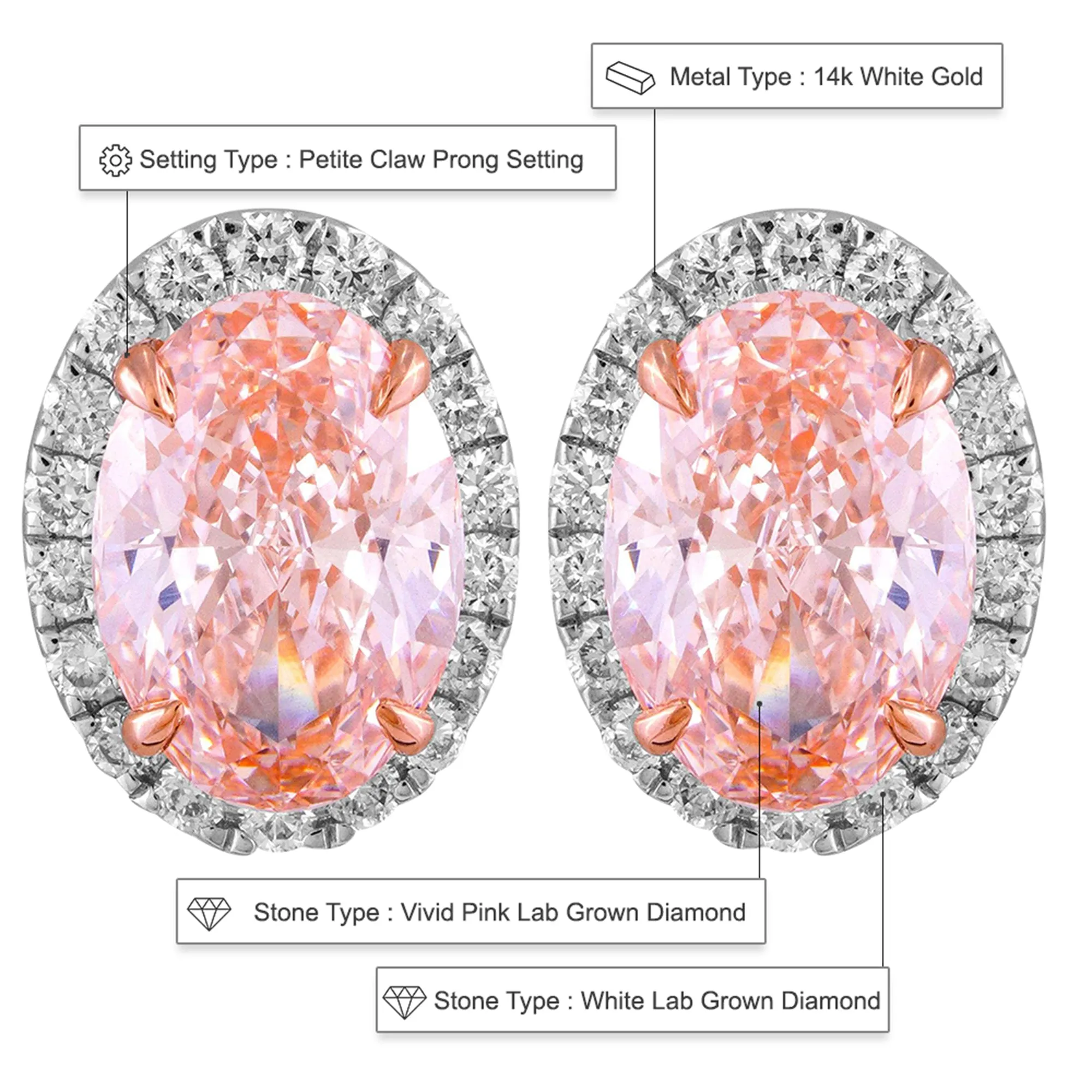 14k White Gold Vivid Pink Oval Cut 3.25 Ct Lab-Grown Diamond Halo Stud Earrings