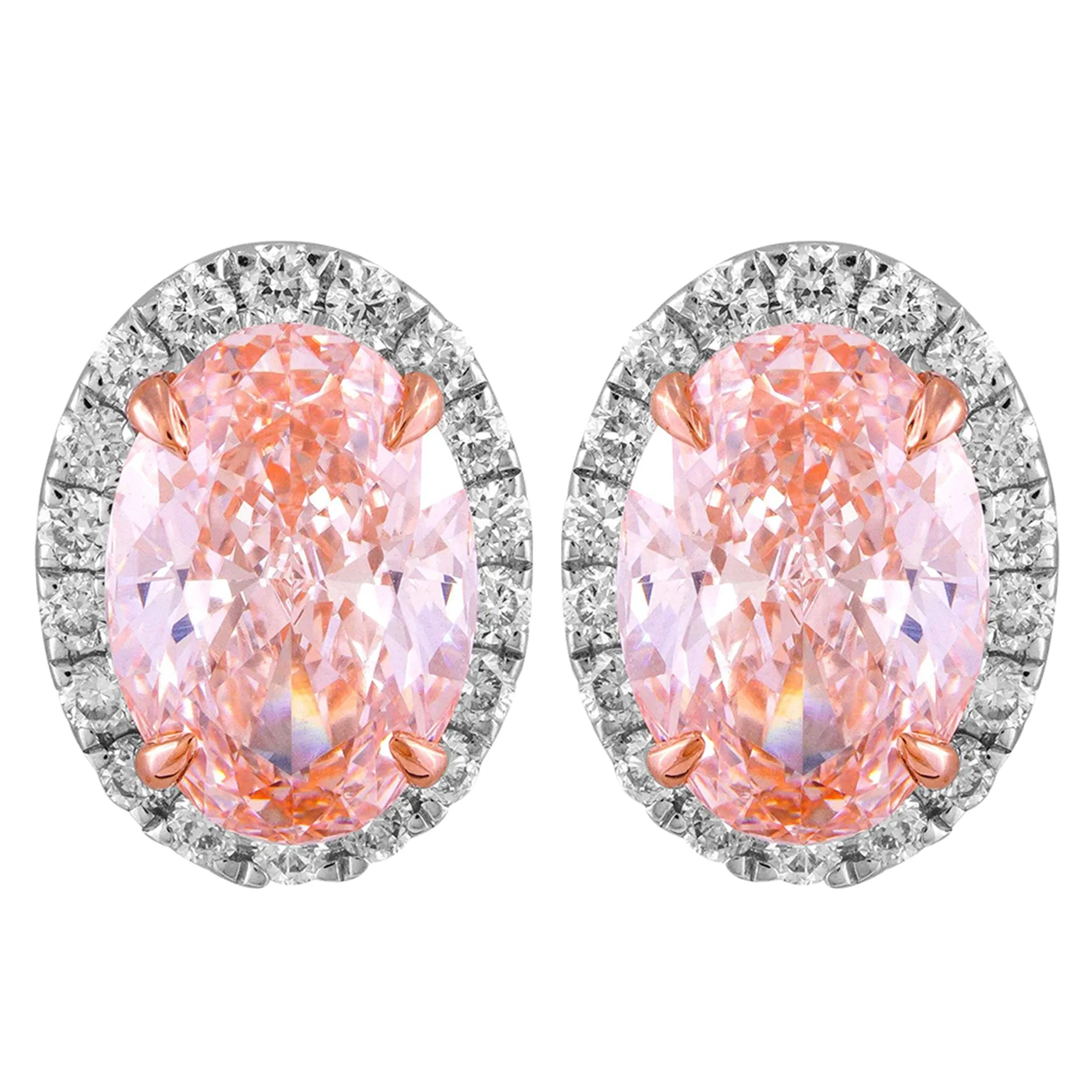 14k White Gold Vivid Pink Oval Cut 3.25 Ct Lab-Grown Diamond Halo Stud Earrings