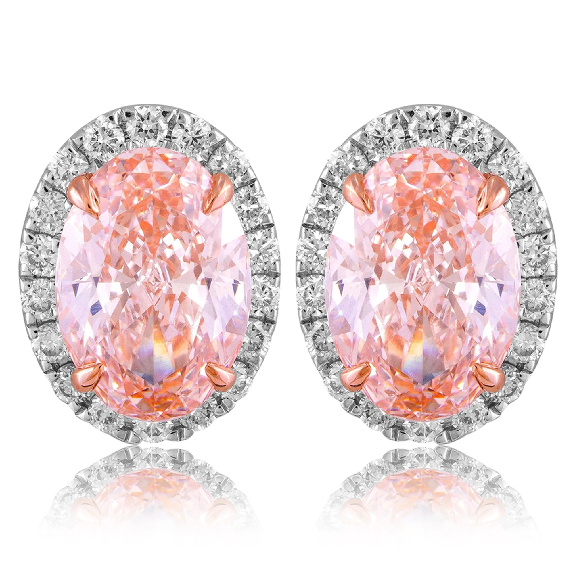 14k White Gold Vivid Pink Oval Cut 3.25 Ct Lab-Grown Diamond Halo Stud Earrings