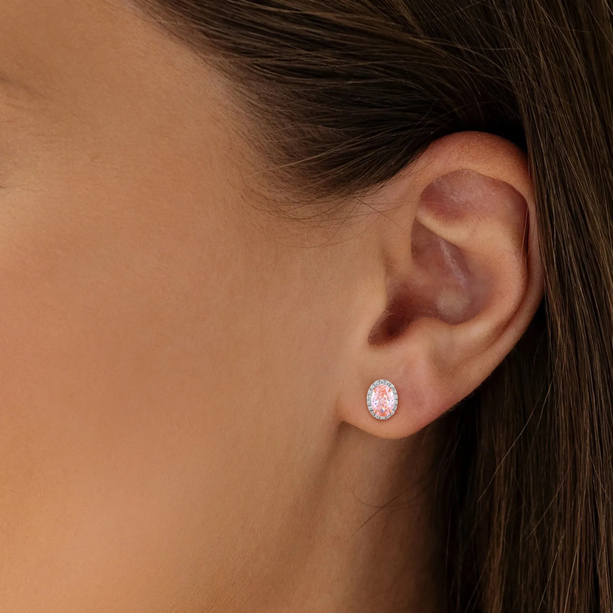 14k White Gold Vivid Pink Oval Cut 3.25 Ct Lab-Grown Diamond Halo Stud Earrings