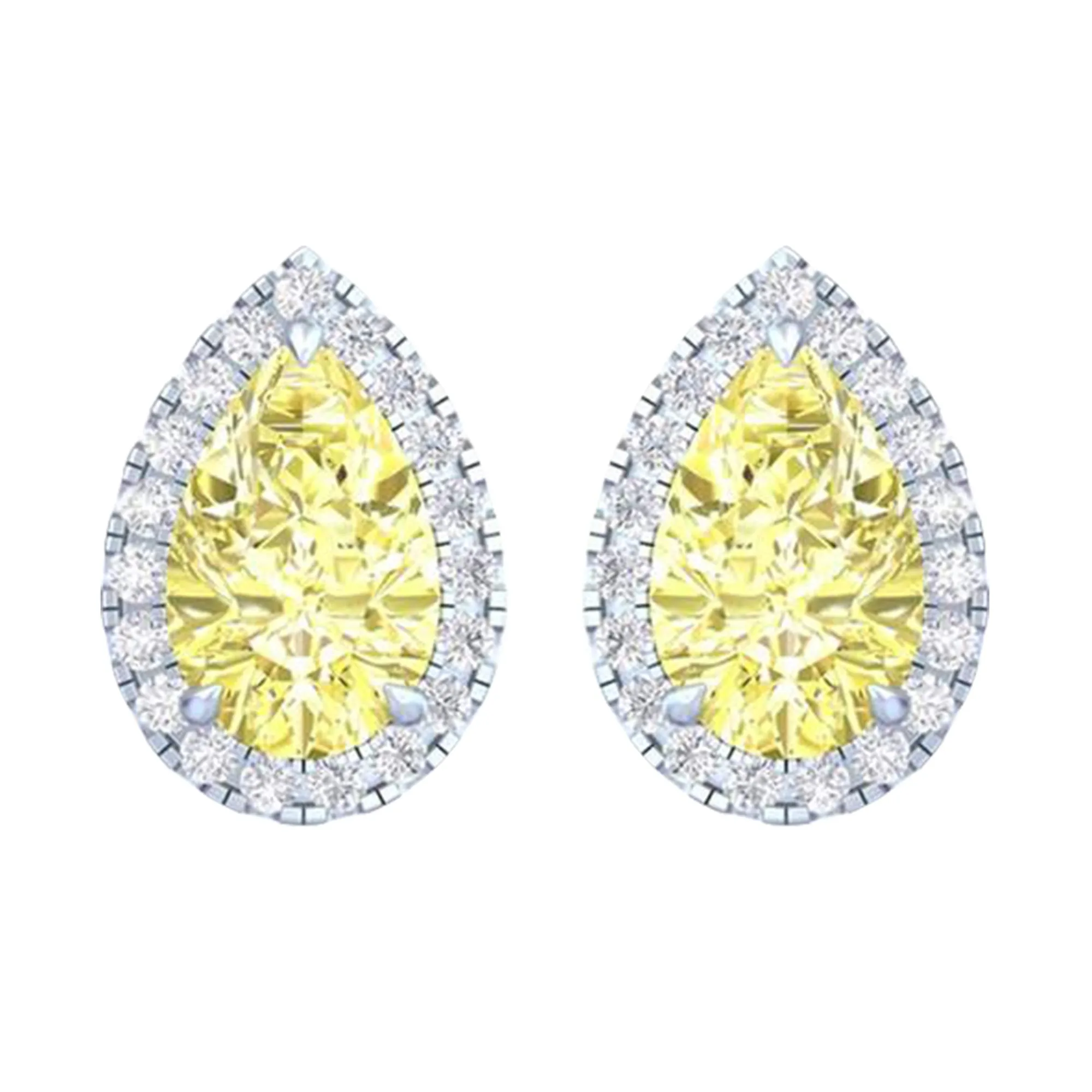 14k White Gold Vivid Yellow Pear Cut 4.10 Ct Lab-Grown Diamond Halo Stud Earrings