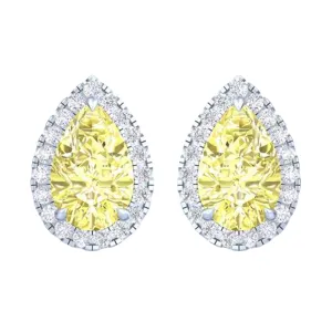 14k White Gold Vivid Yellow Pear Cut 4.10 Ct Lab-Grown Diamond Halo Stud Earrings
