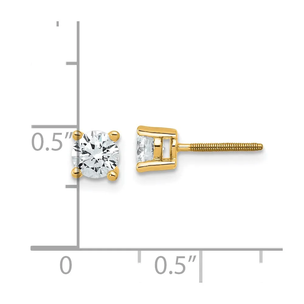 14k Yellow Gold 3/4 ct Round Lab Grown Diamond Stud Earrings Screw Back VS Clarity, G-H Color