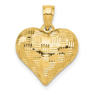 14K Yellow Gold Hollow Diamond Cut Polished Finish Basket Weave Pattern Design 3-Dimensional Puff Heart Charm Pendant