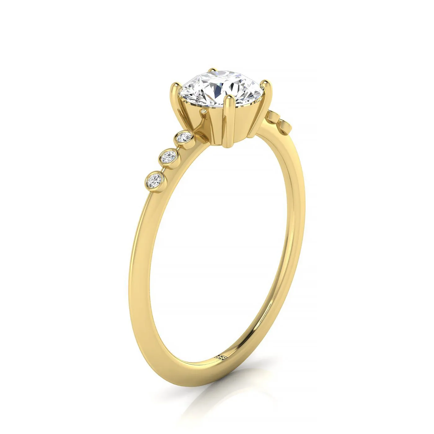 18ky Round Engagement Ring With 6 Bezel Set Round Diamonds On Shank
