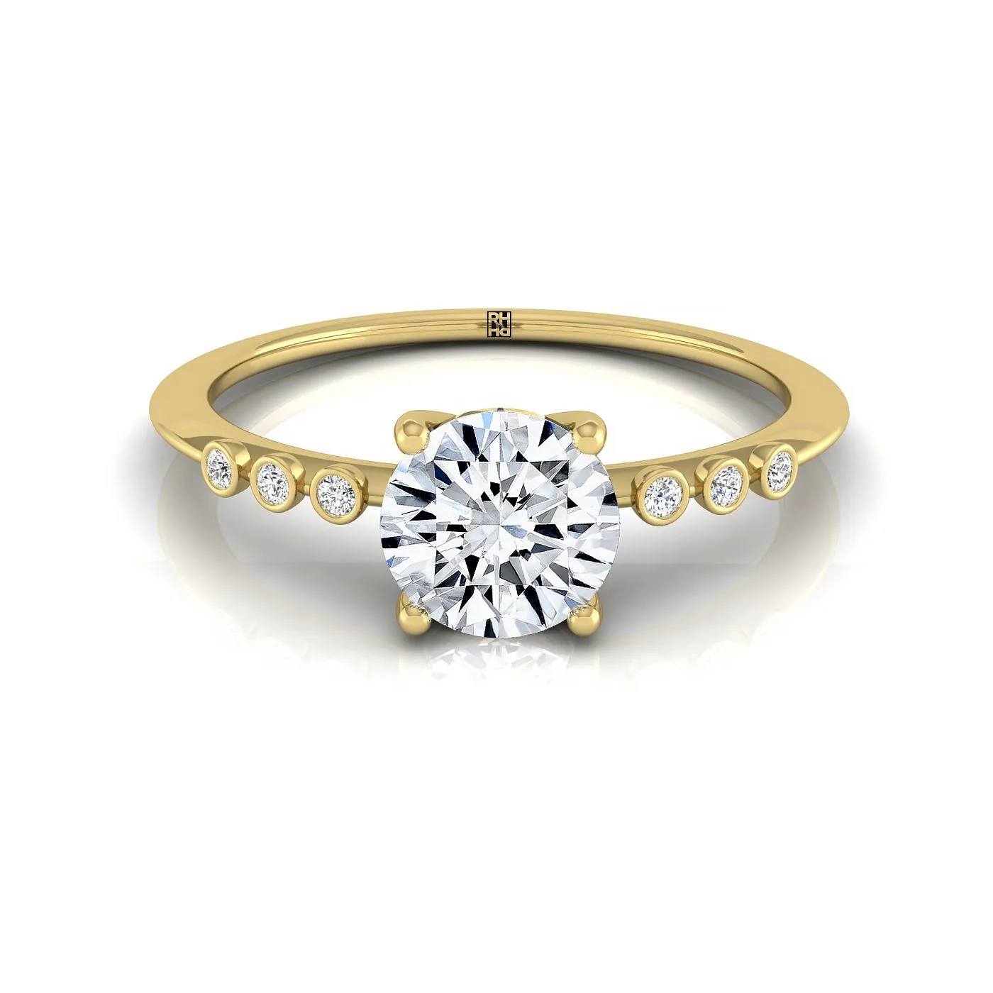 18ky Round Engagement Ring With 6 Bezel Set Round Diamonds On Shank
