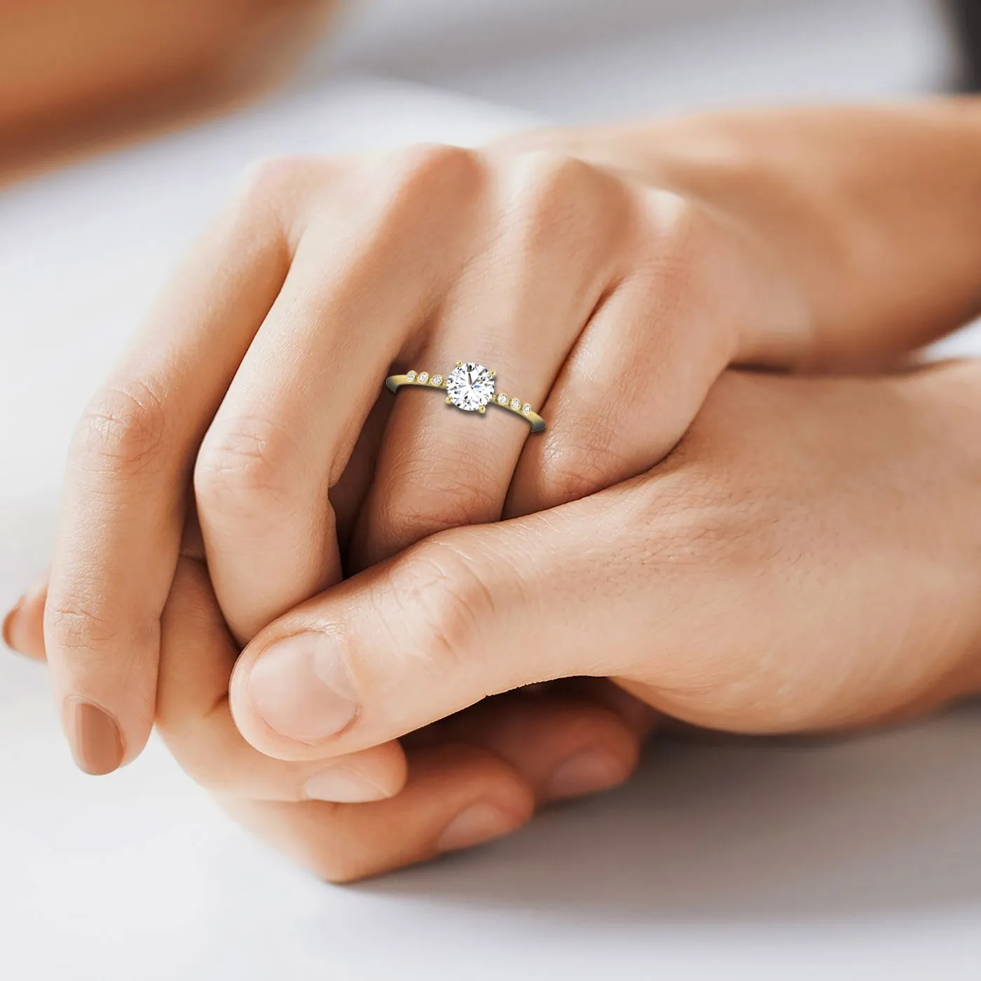 18ky Round Engagement Ring With 6 Bezel Set Round Diamonds On Shank