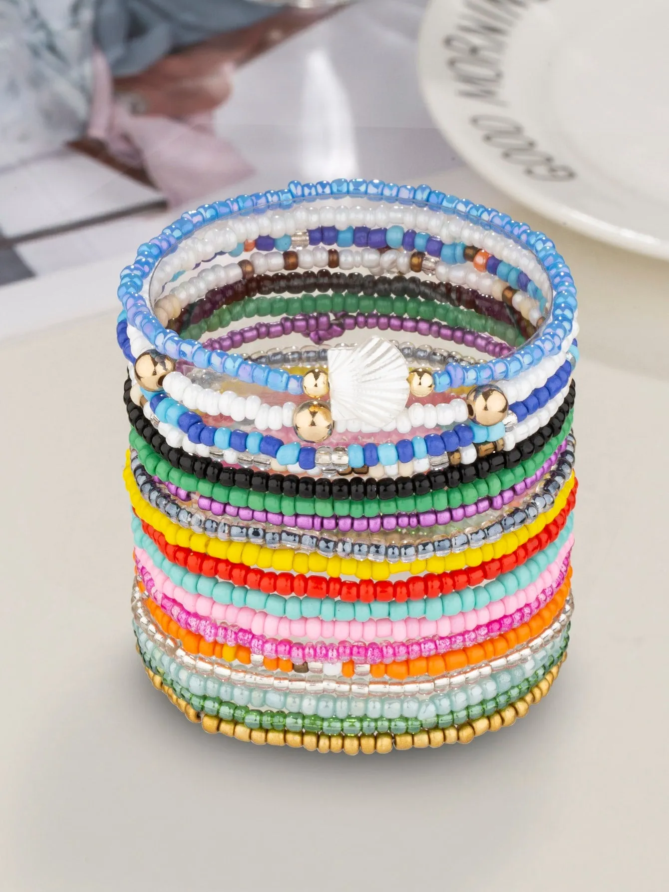 18pcs Women Bohemian Style Glass Bead & Seed Bead Stackable Colorful Bracelets