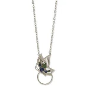 1928 Jewelry Floral Enamel Butterfly Badge & Eyeglass Holder Chain Necklace 28"