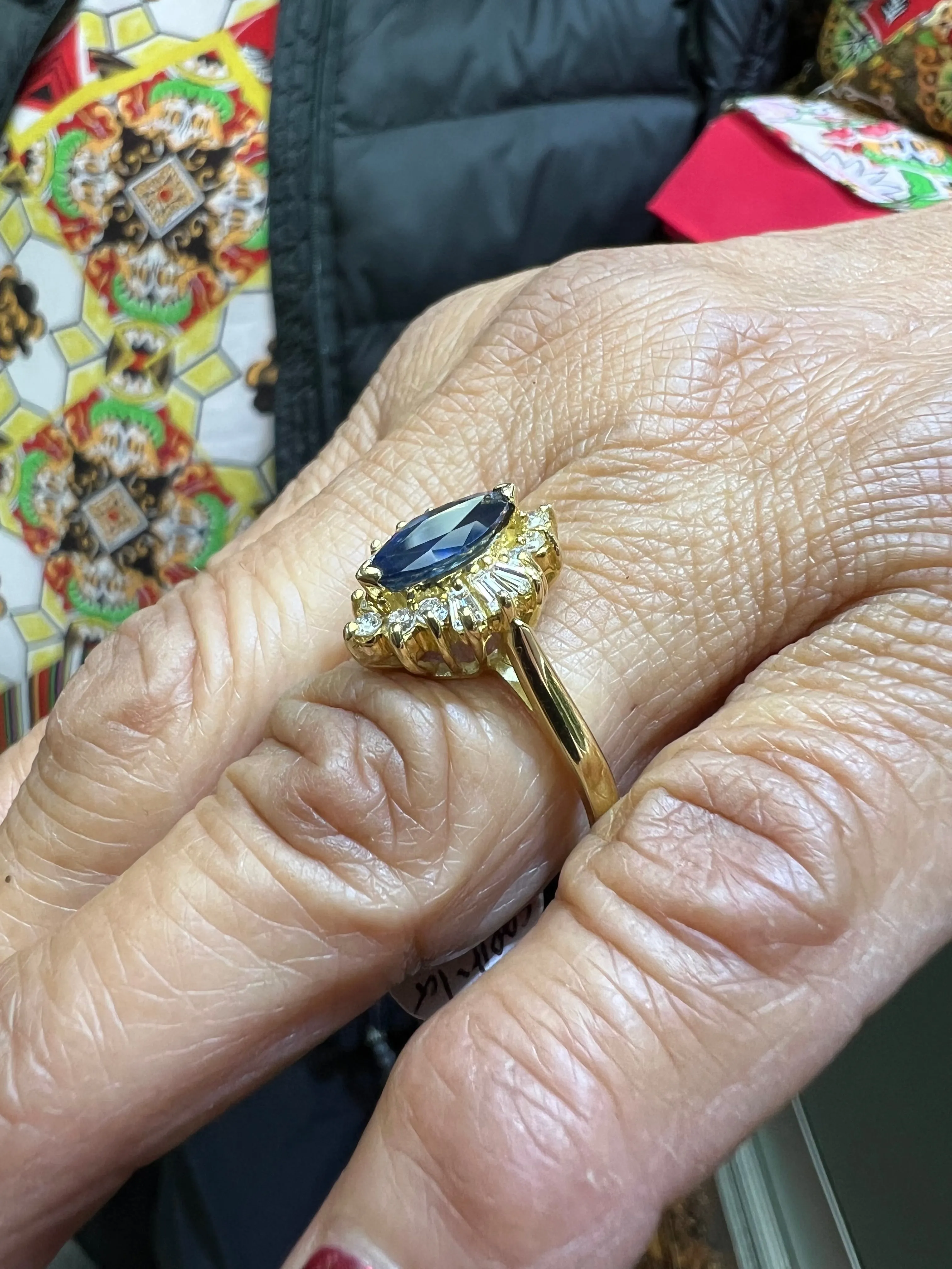 1980s Marquis Sapphire Diamond 14k Yellow Gold Cluster Ring