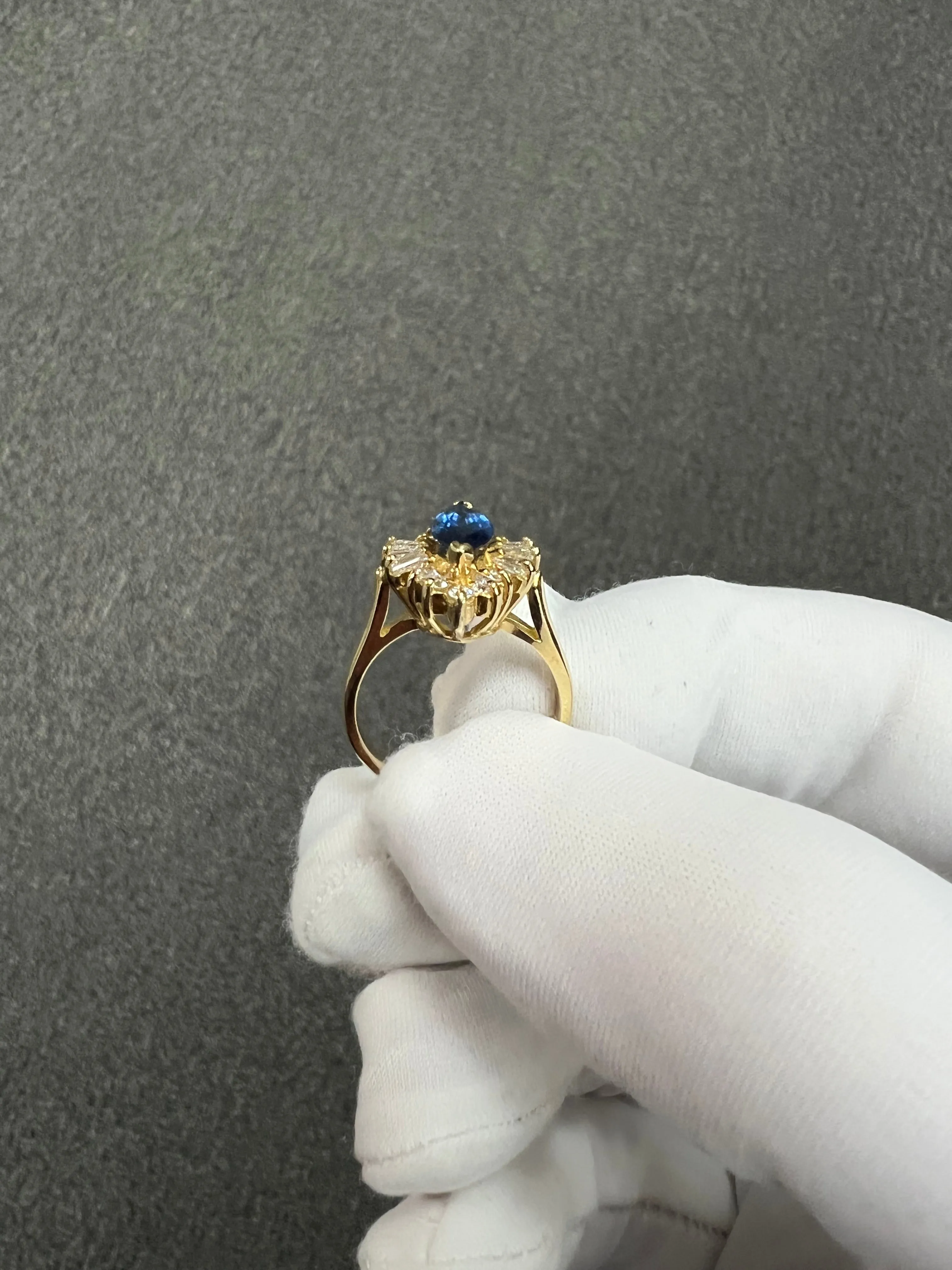 1980s Marquis Sapphire Diamond 14k Yellow Gold Cluster Ring