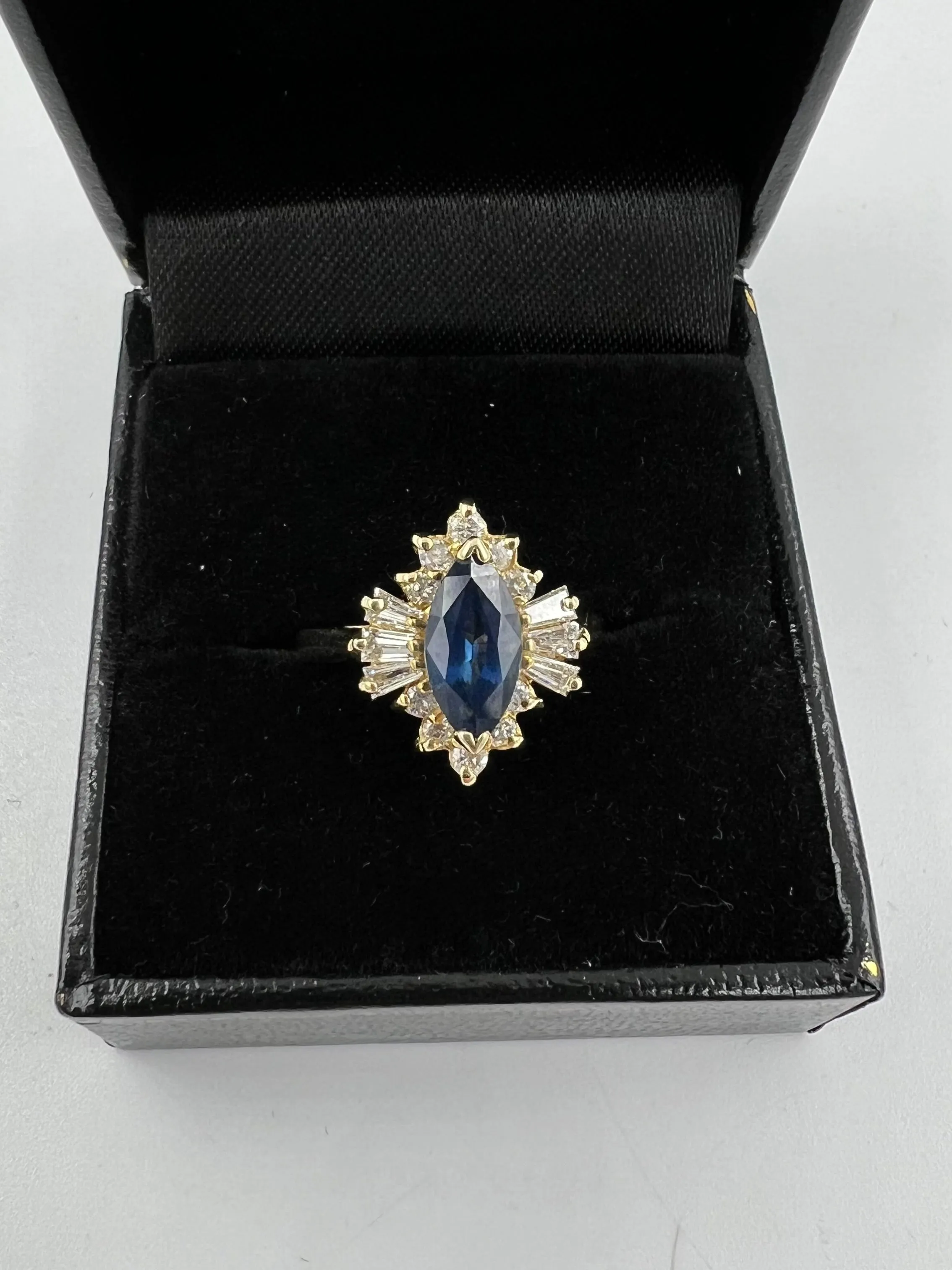 1980s Marquis Sapphire Diamond 14k Yellow Gold Cluster Ring