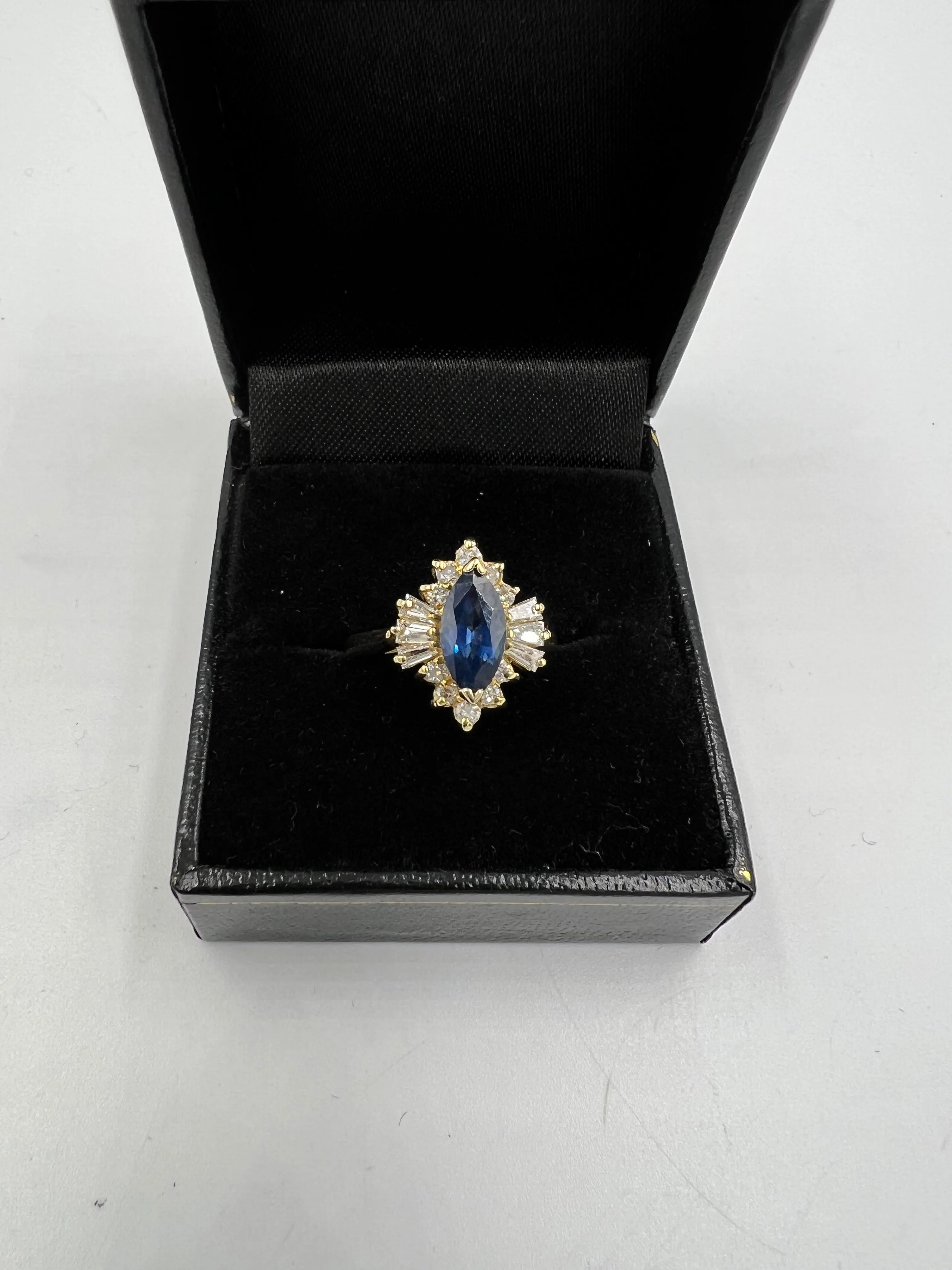 1980s Marquis Sapphire Diamond 14k Yellow Gold Cluster Ring