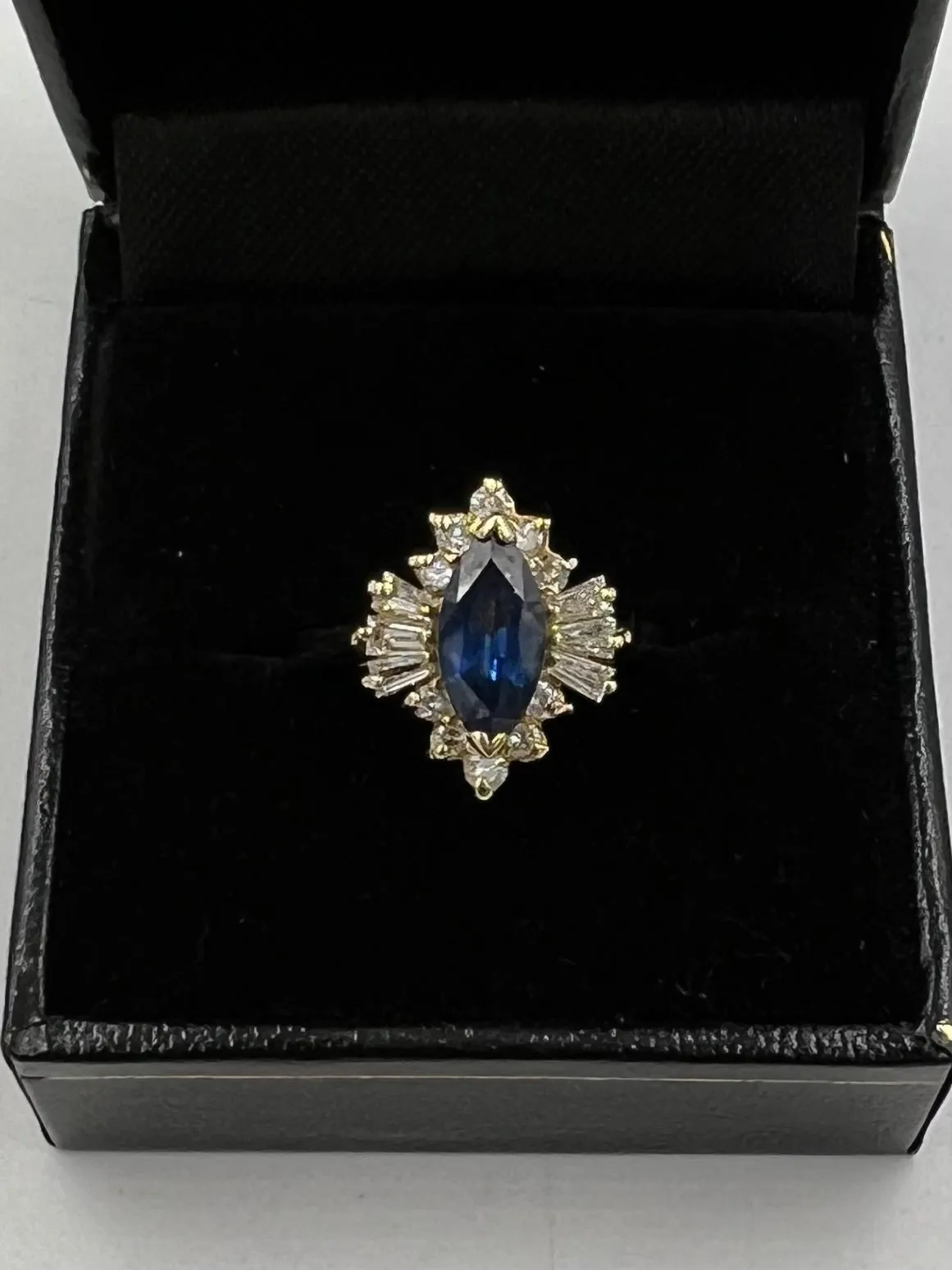 1980s Marquis Sapphire Diamond 14k Yellow Gold Cluster Ring