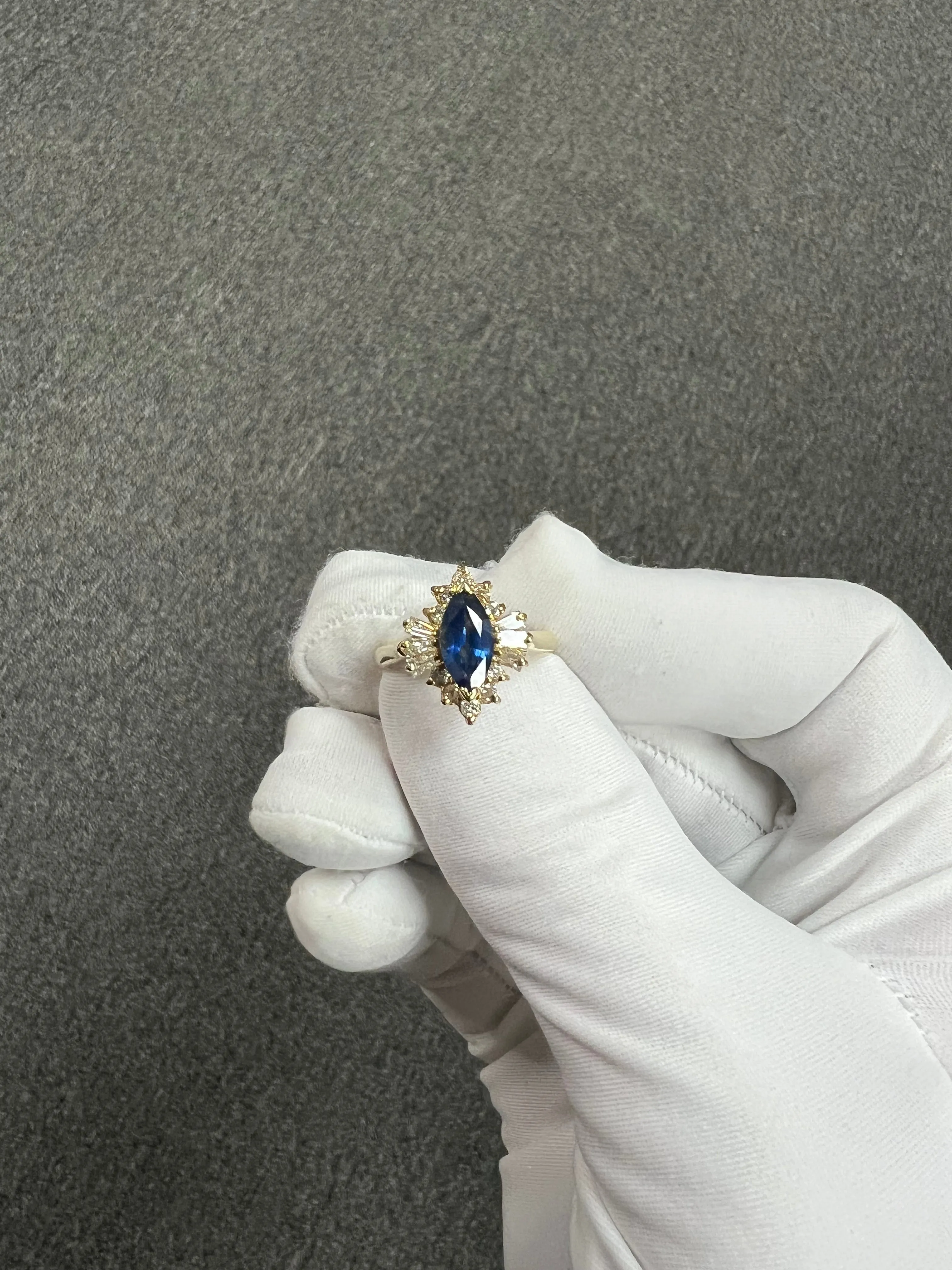 1980s Marquis Sapphire Diamond 14k Yellow Gold Cluster Ring