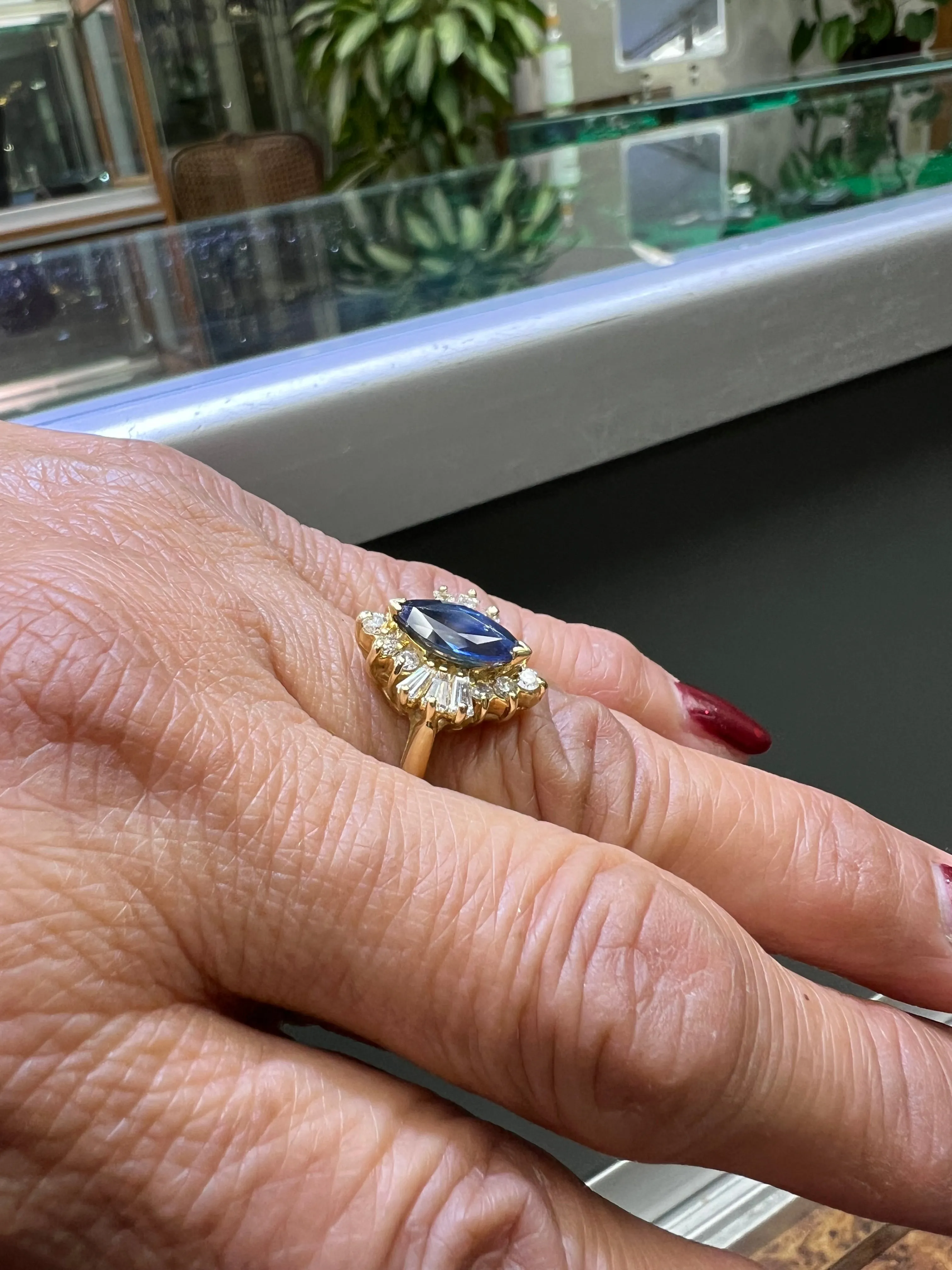 1980s Marquis Sapphire Diamond 14k Yellow Gold Cluster Ring