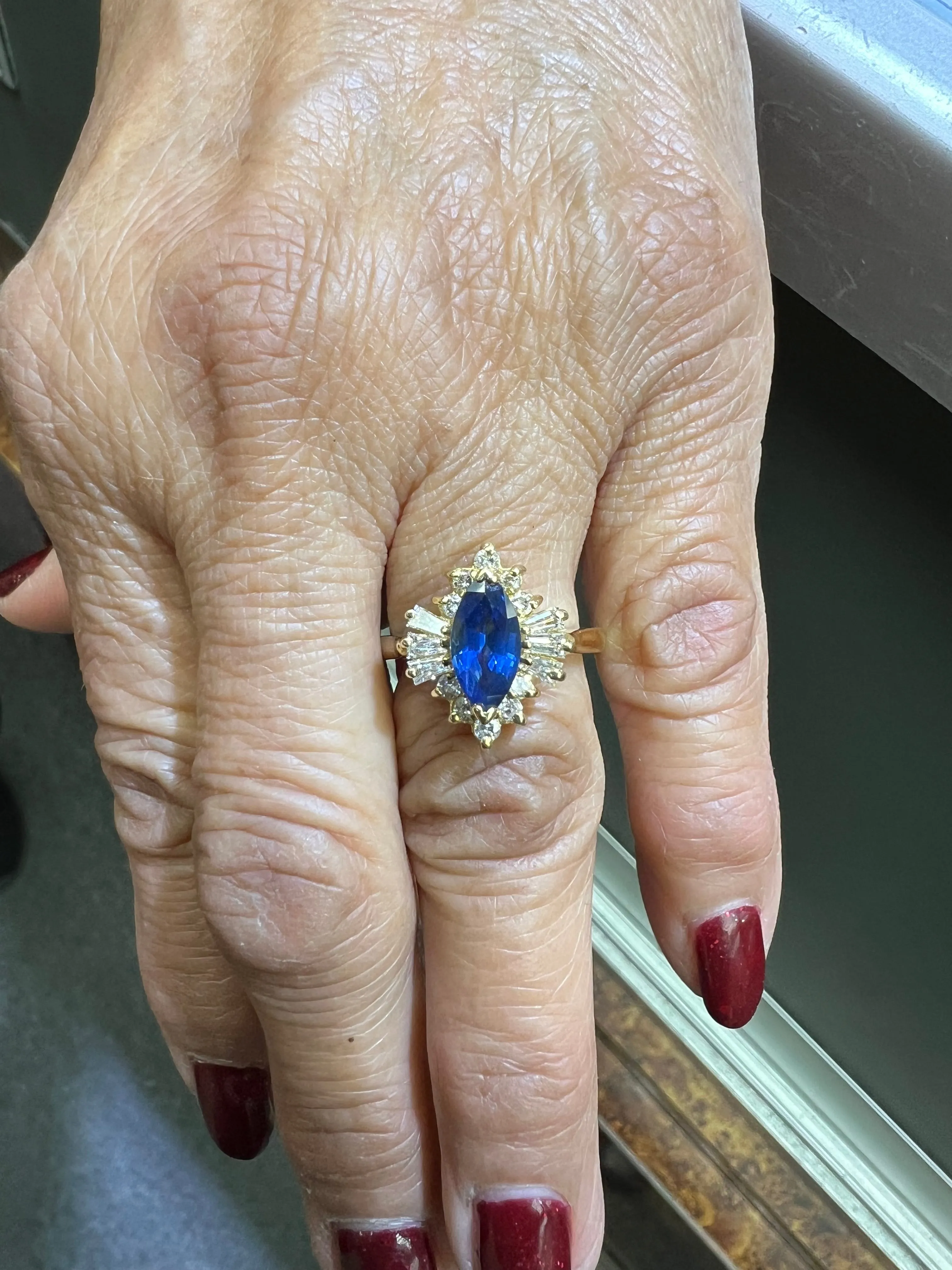 1980s Marquis Sapphire Diamond 14k Yellow Gold Cluster Ring