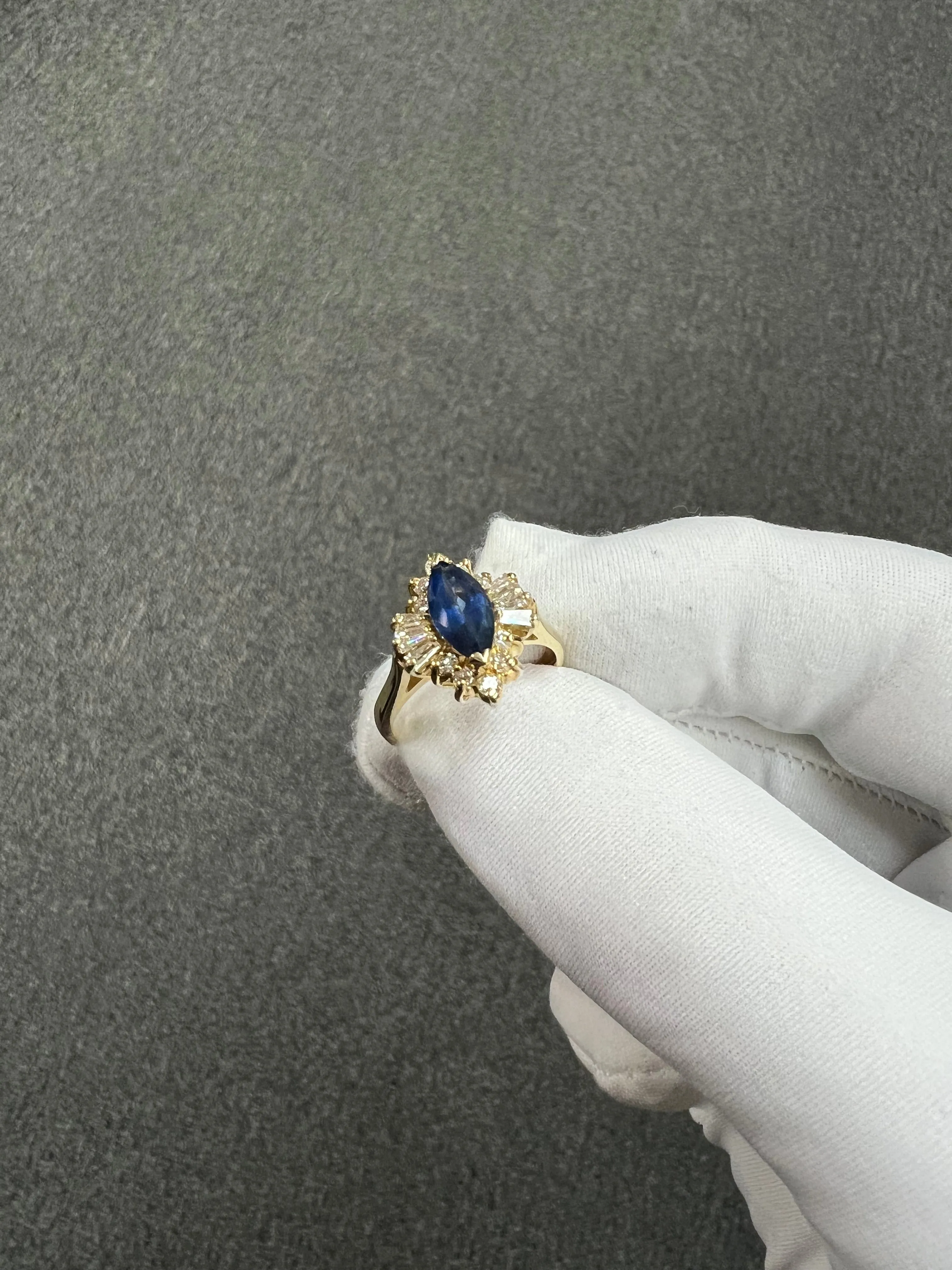 1980s Marquis Sapphire Diamond 14k Yellow Gold Cluster Ring