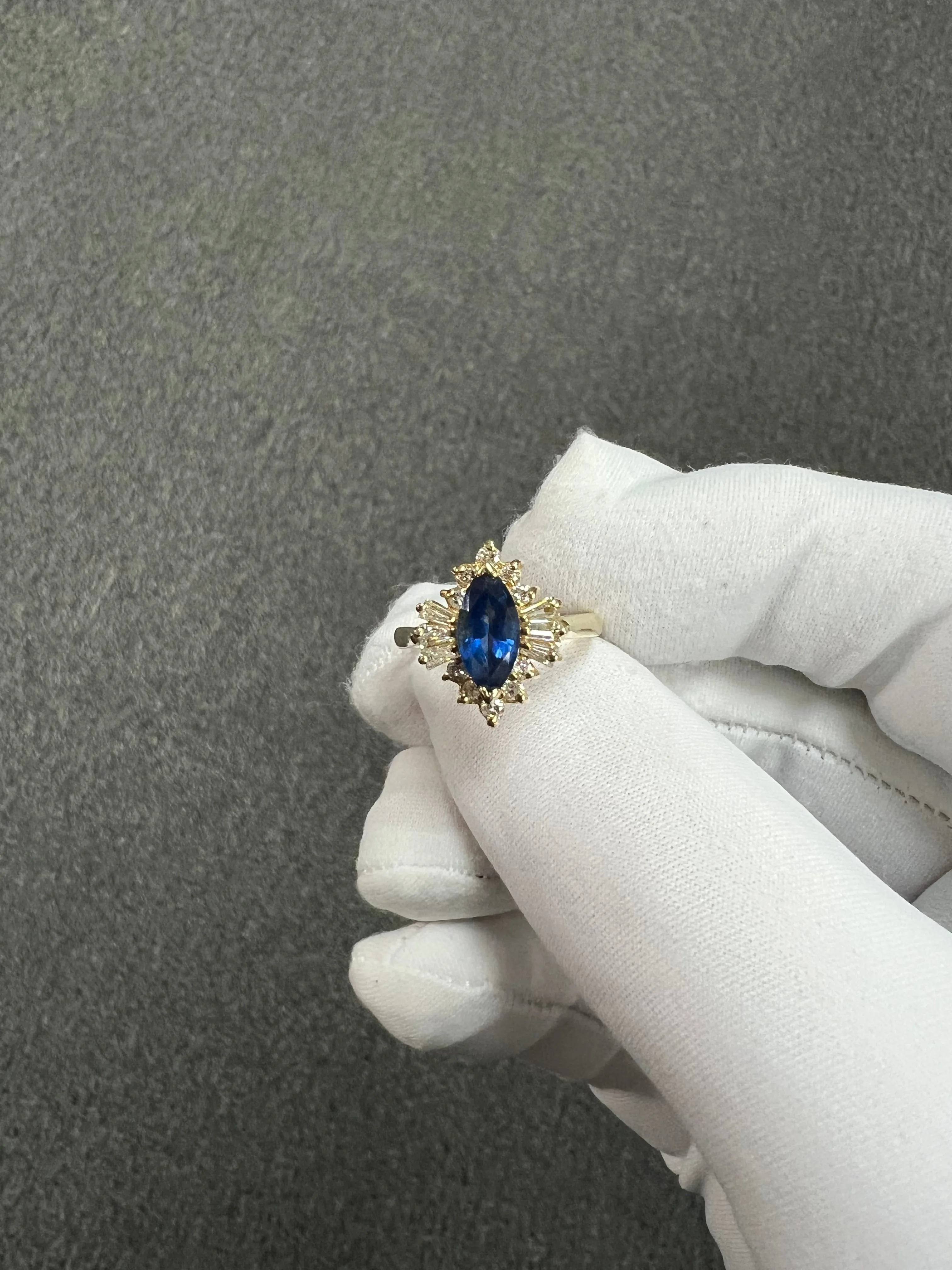 1980s Marquis Sapphire Diamond 14k Yellow Gold Cluster Ring