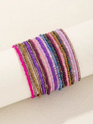 20pcs Bohemian Style Glass & Rice Bead Purple Stacking Bracelets