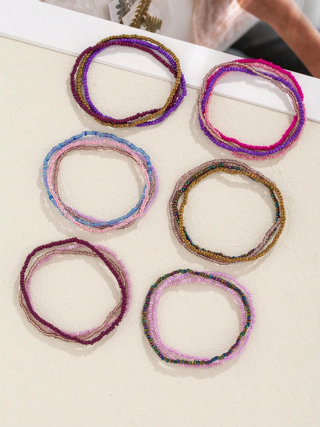 20pcs Bohemian Style Glass & Rice Bead Purple Stacking Bracelets