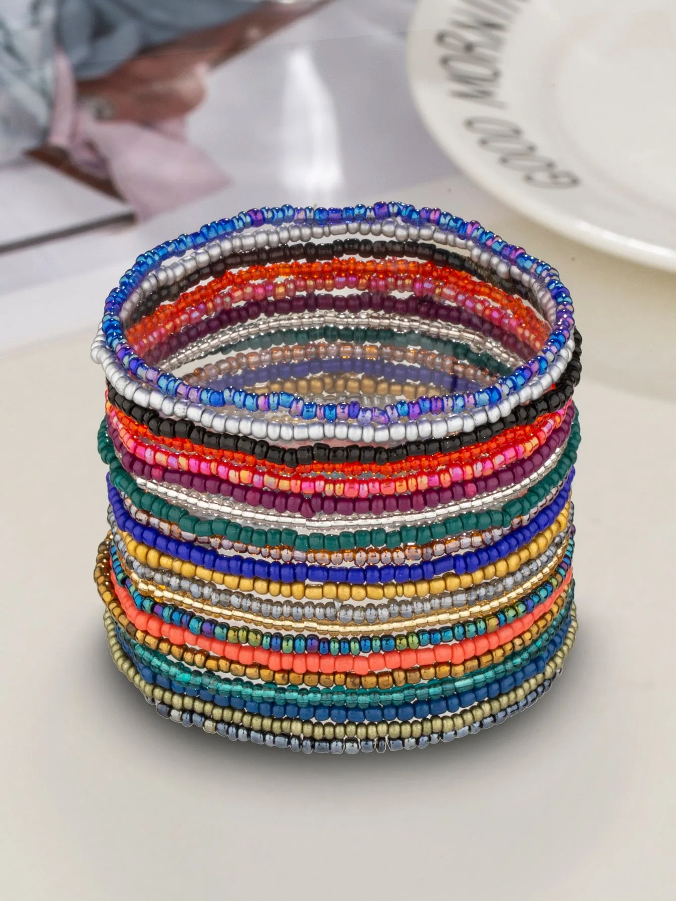 20pcs Bohemian Style Glass & Rice Bead Purple Stacking Bracelets