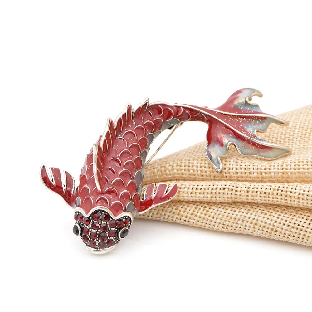3 Colors Available Red Enamel Fish Brooches for Women