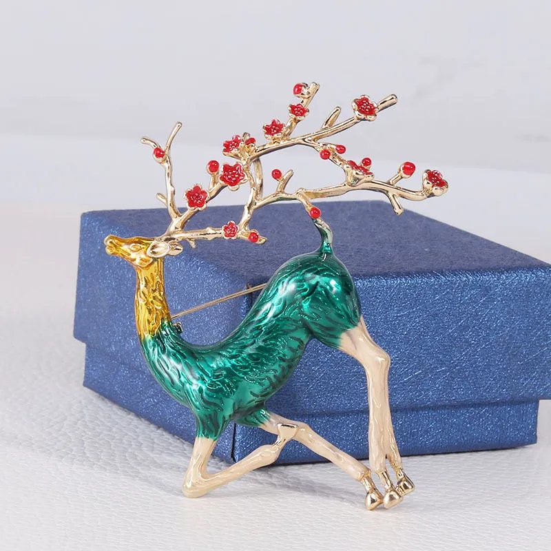 4 Colors Enamel Red Plum Blossom Elk Brooches For Men