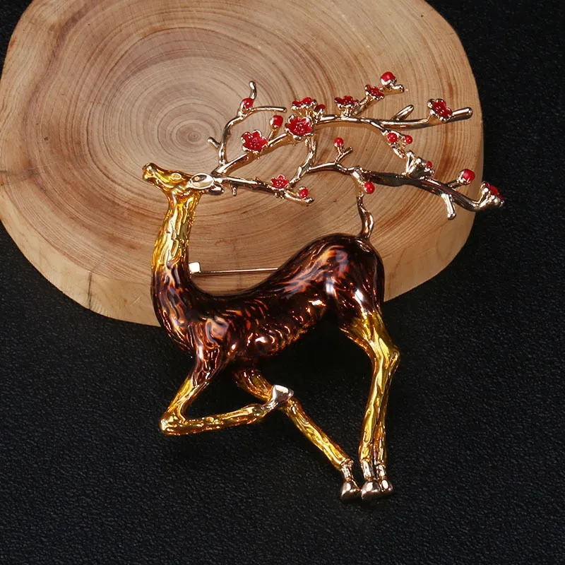 4 Colors Enamel Red Plum Blossom Elk Brooches For Men