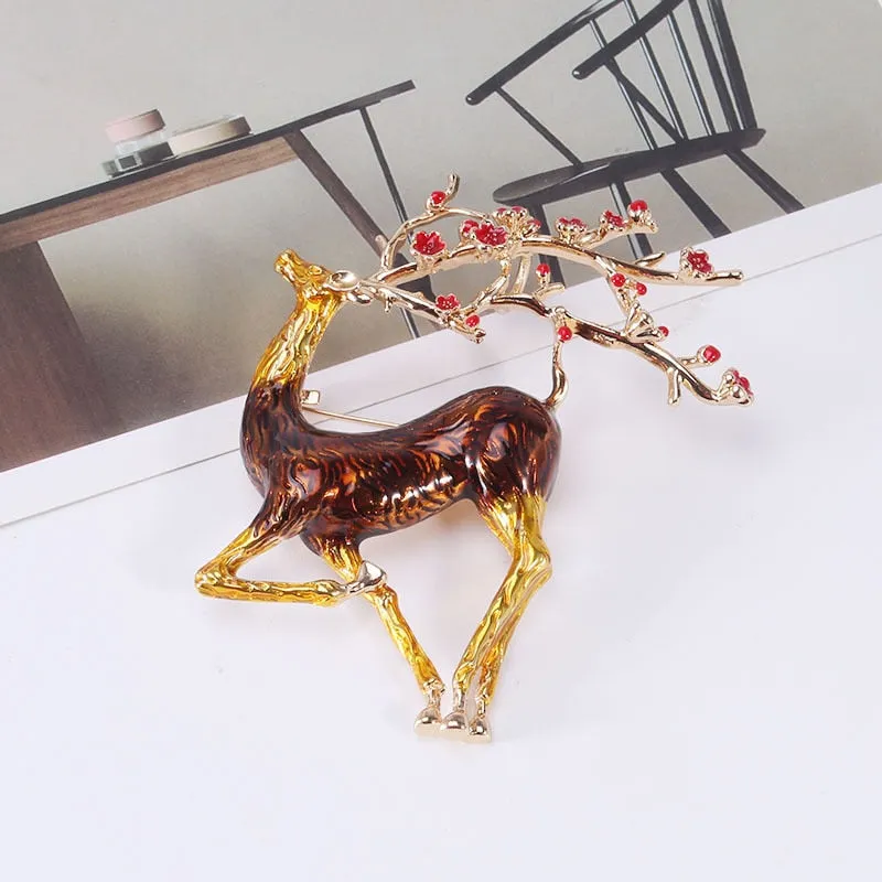 4 Colors Enamel Red Plum Blossom Elk Brooches For Men