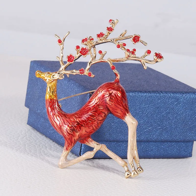 4 Colors Enamel Red Plum Blossom Elk Brooches For Men