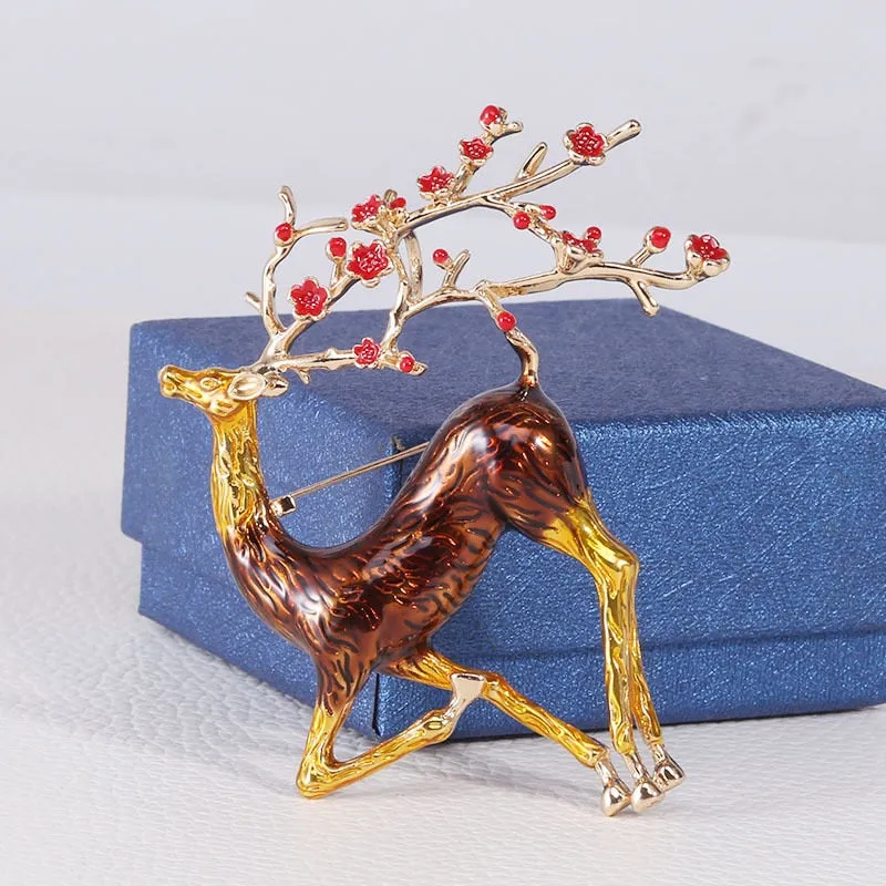 4 Colors Enamel Red Plum Blossom Elk Brooches For Men