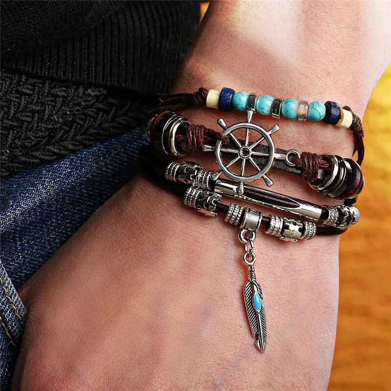 4 pcs/set Bohemian Style Bead Multilayer Leather Bracelets