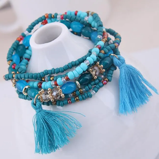 6pcs Bohemian Tassel Charm Multicolors Beads Bracelets Set