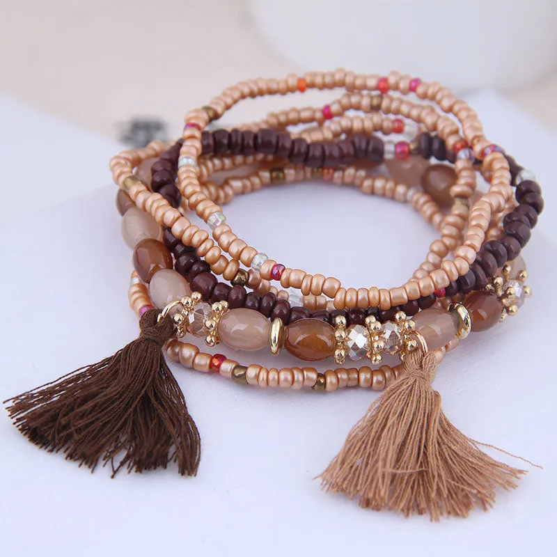 6pcs Bohemian Tassel Charm Multicolors Beads Bracelets Set