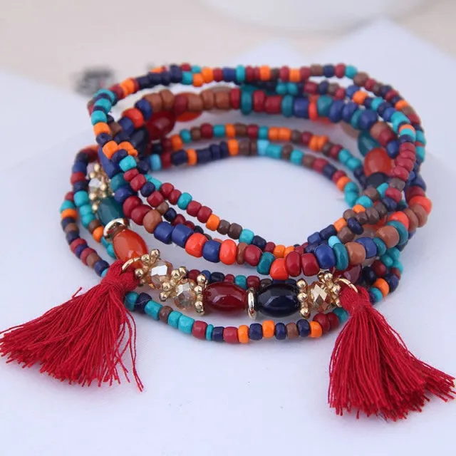 6pcs Bohemian Tassel Charm Multicolors Beads Bracelets Set