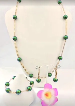 AIREENA - 12mm Dark Green Swarovski Pearl Full Set With 14K GF