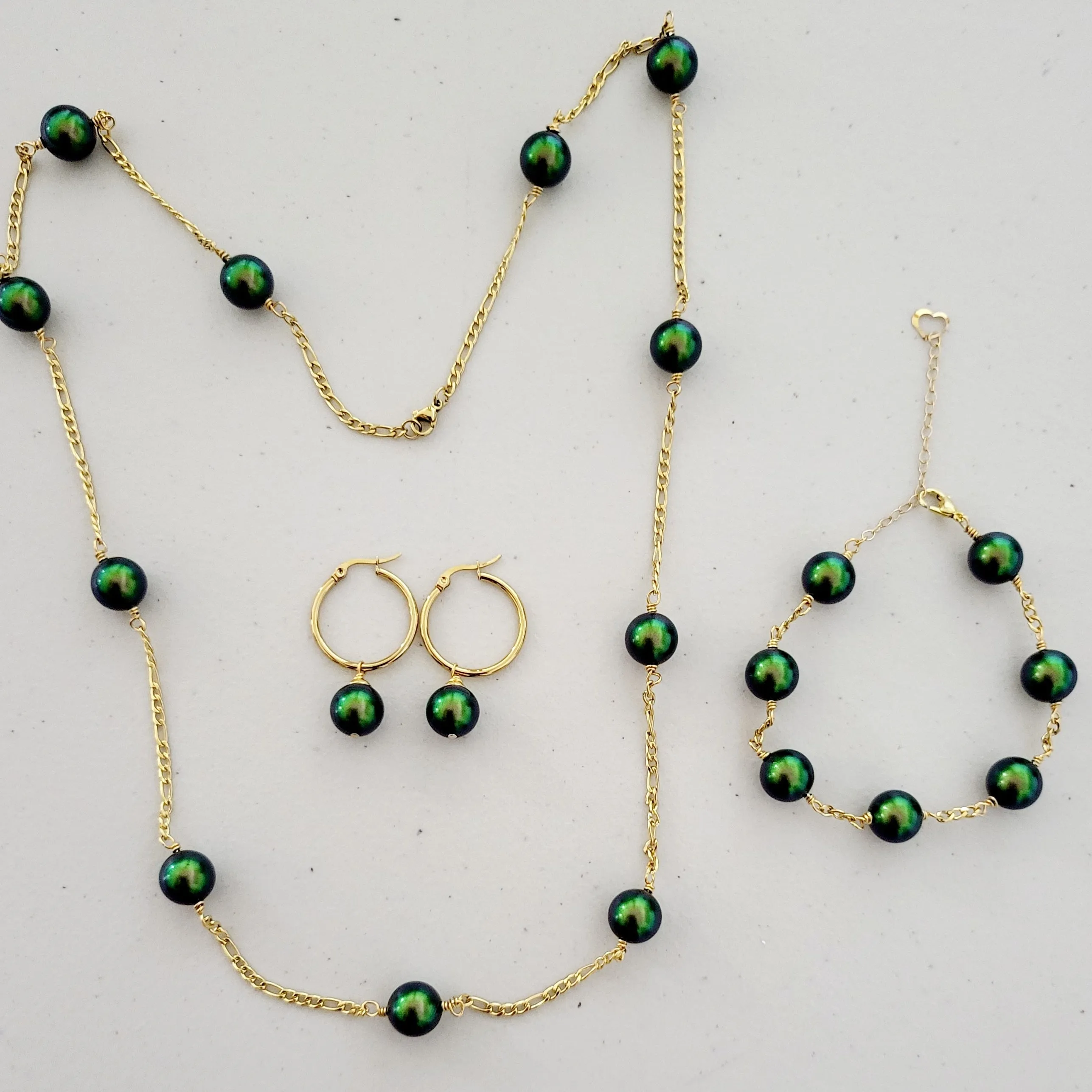 AIREENA - 12mm Dark Green Swarovski Pearl Full Set With 14K GF