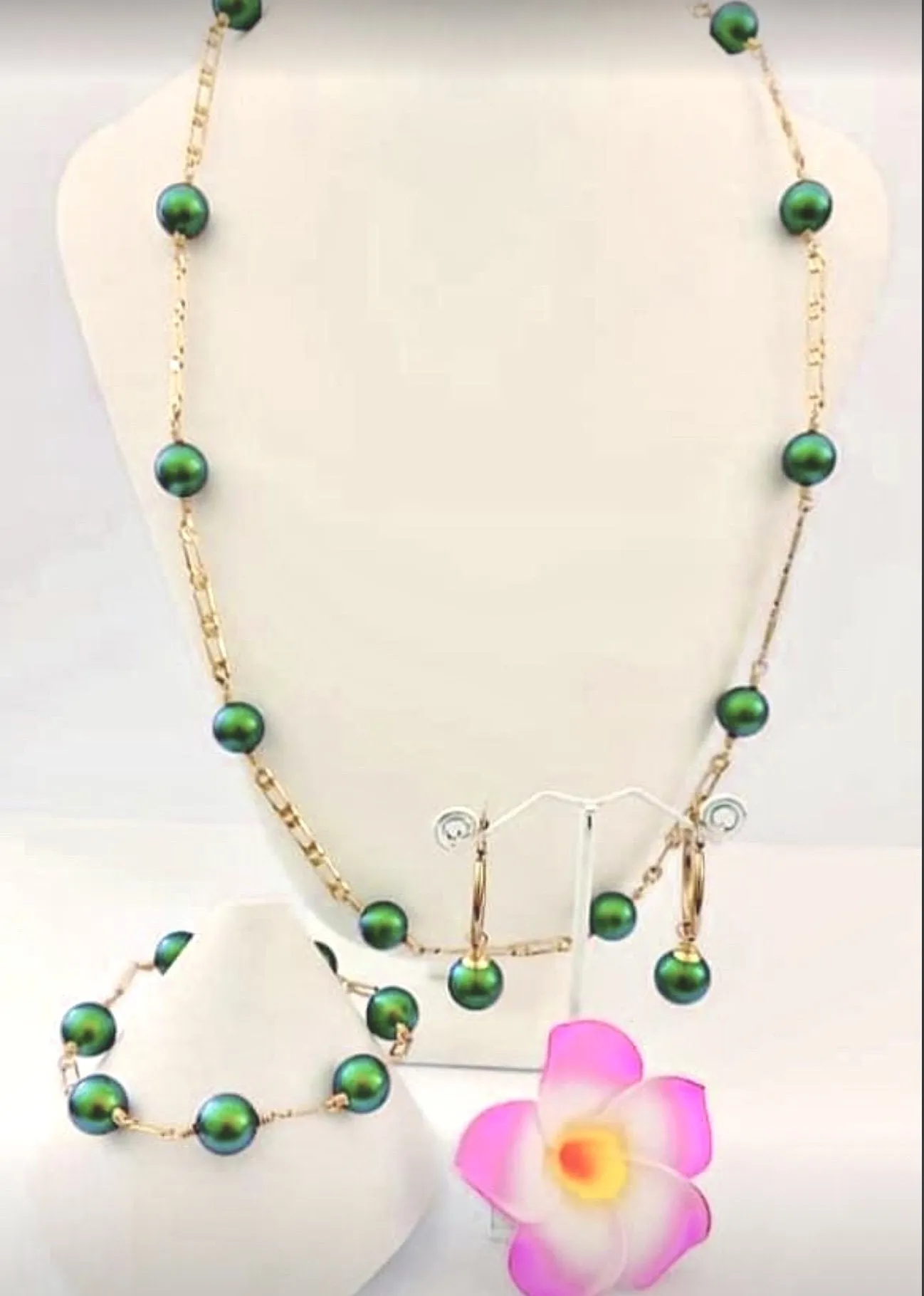 AIREENA - 12mm Dark Green Swarovski Pearl Full Set With 14K GF
