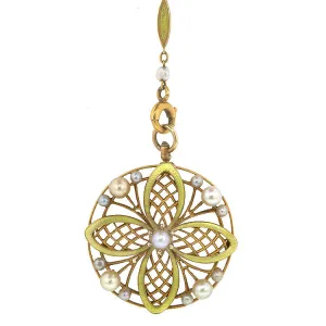 Antique Pearl* & Enamel** Gold Pendant & Chain