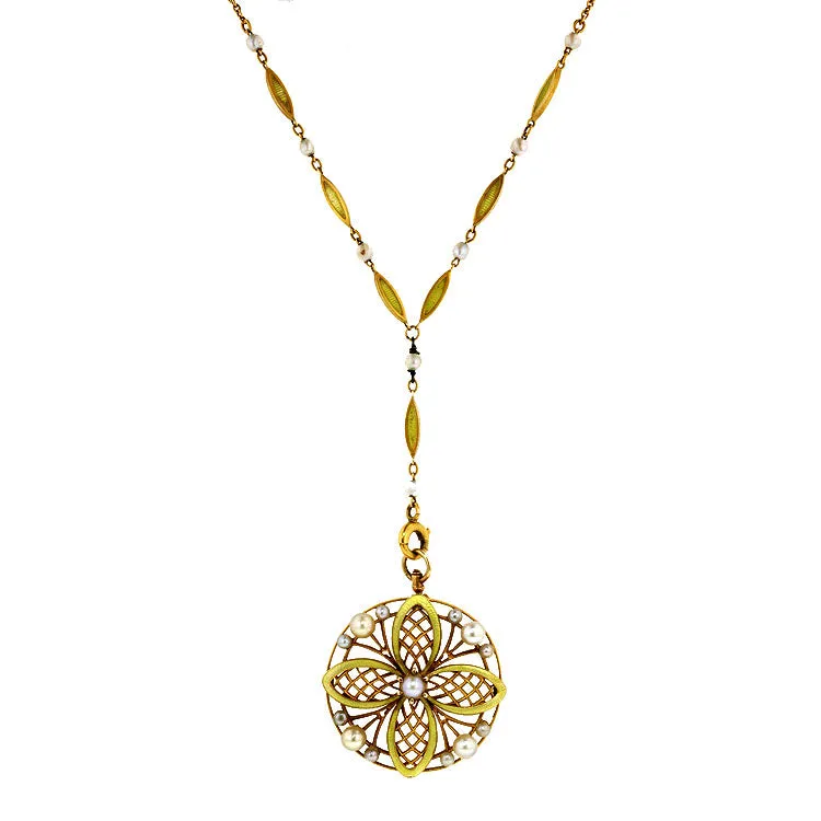 Antique Pearl* & Enamel** Gold Pendant & Chain