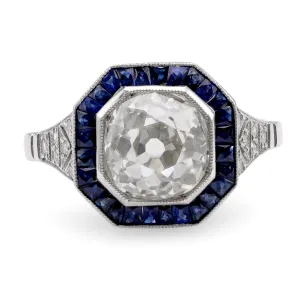 Art Deco Inspired 2.49 Carat Old Mine Diamond Sapphire Platinum Halo Ring