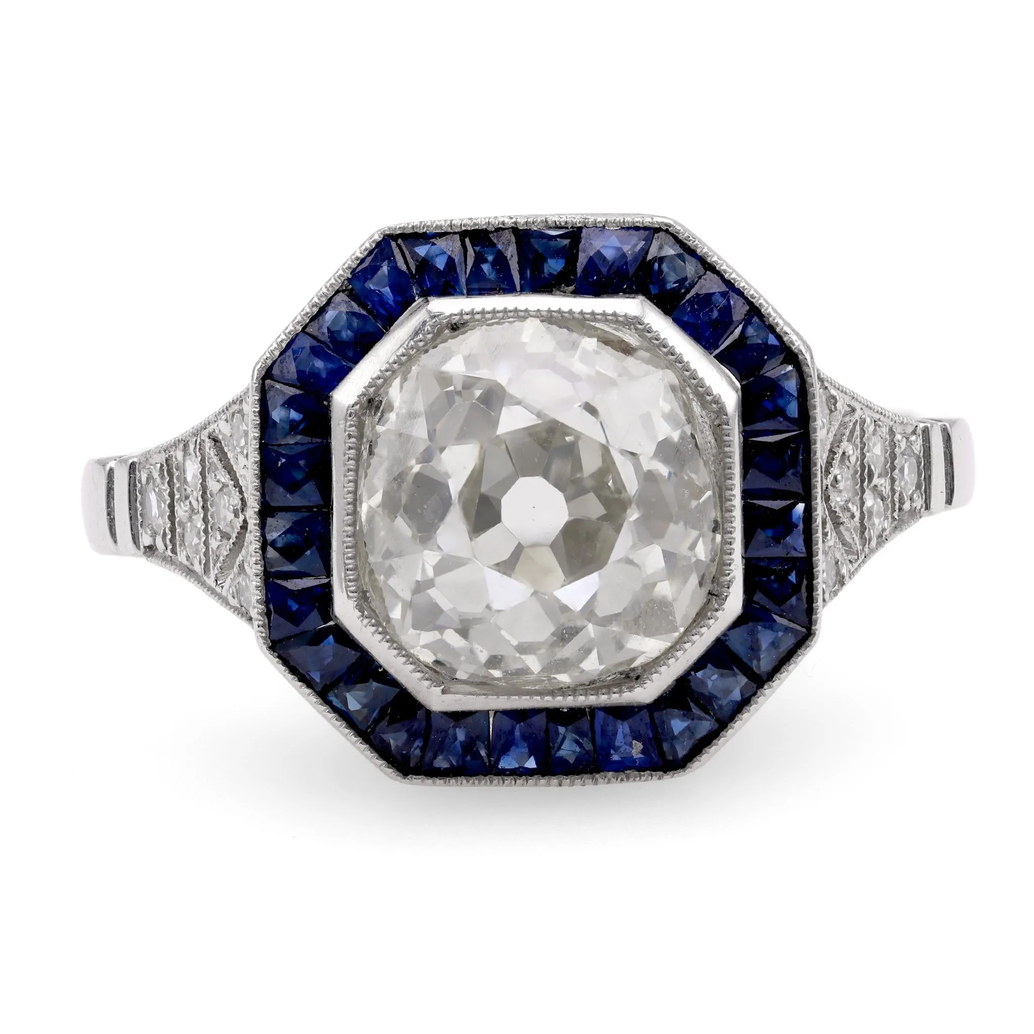 Art Deco Inspired 2.49 Carat Old Mine Diamond Sapphire Platinum Halo Ring