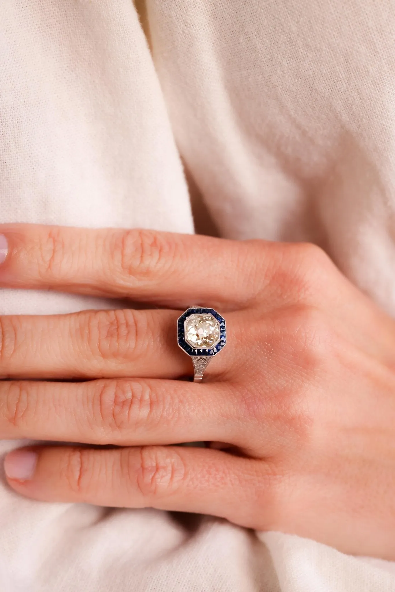Art Deco Inspired 2.49 Carat Old Mine Diamond Sapphire Platinum Halo Ring