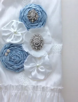 Baptism boy blanket, ruffle baby blanket ivory with blush flowers